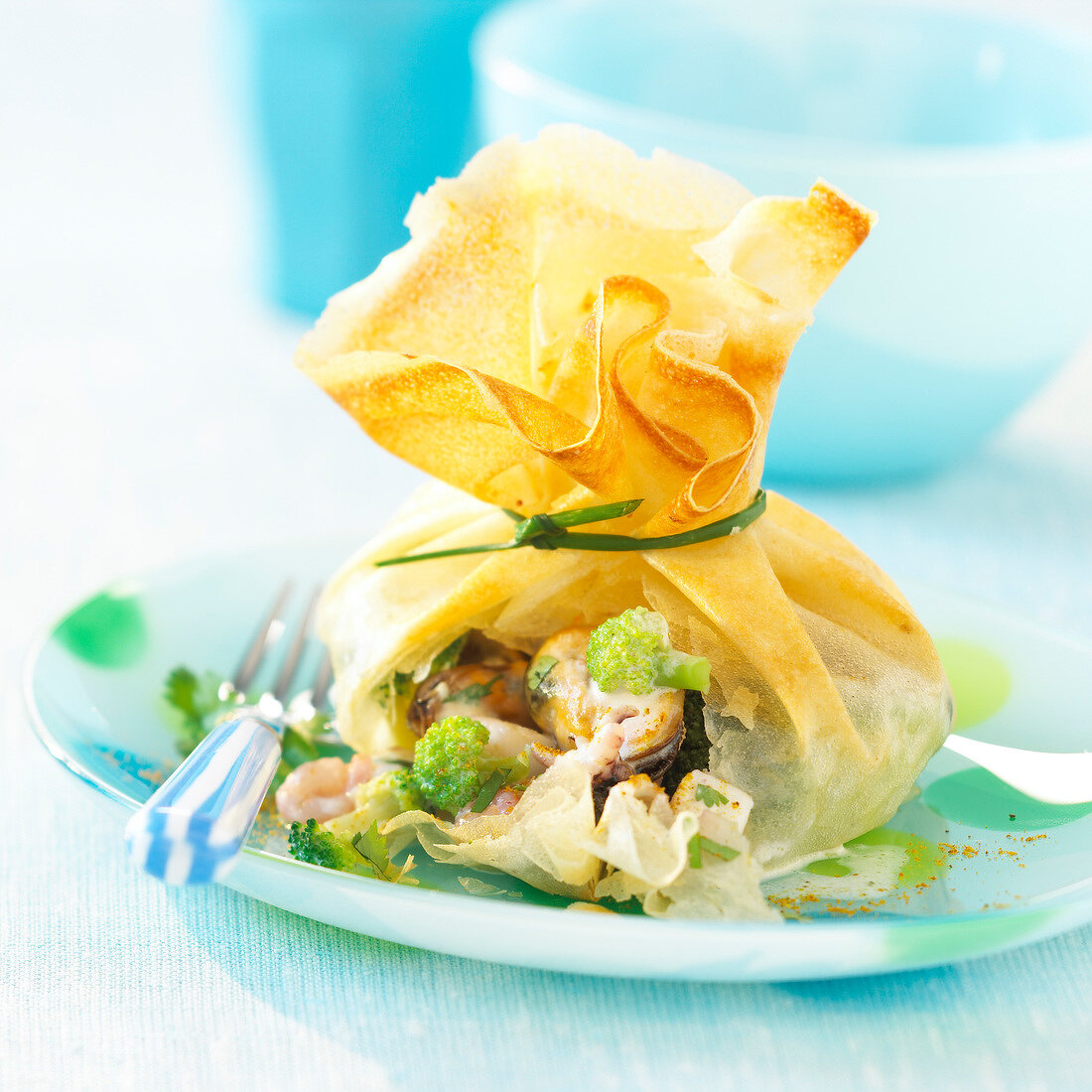 Seafood and broccoli filo pastry purse