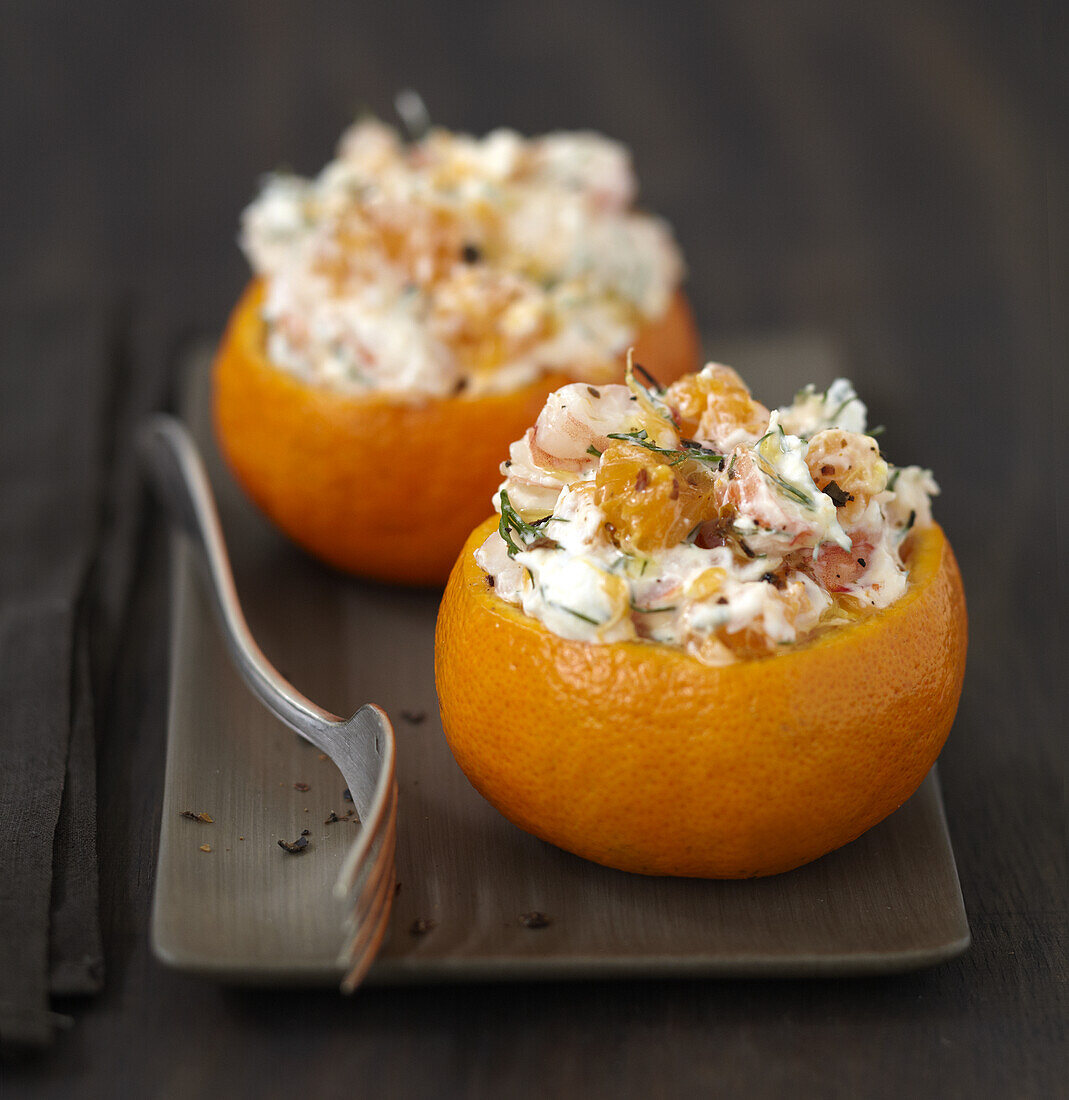 Clementines stuffed with shrimps and Fromage frais