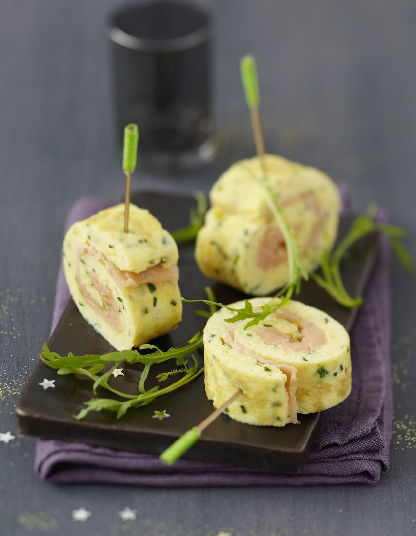 Rolled salmon and herb omelette bites
