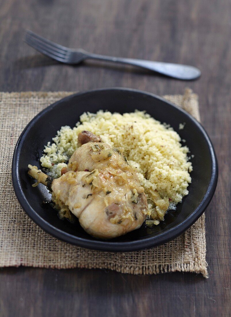 Hähnchen-Confit mit Ingwer, Weizengriess