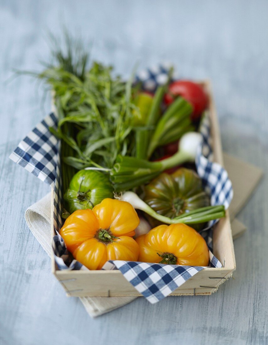 Bunte Tomaten und Gemüse in eckiger Kiste