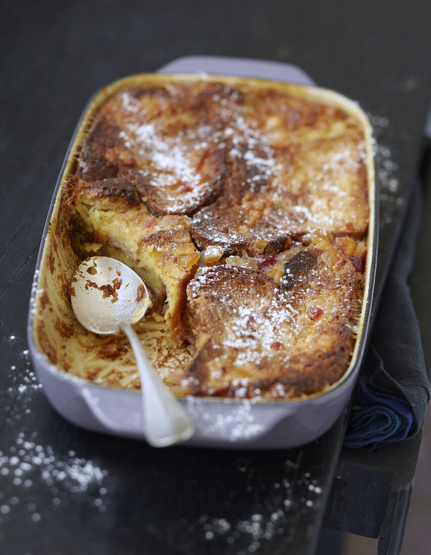 Bread and butter pudding with candied fruit