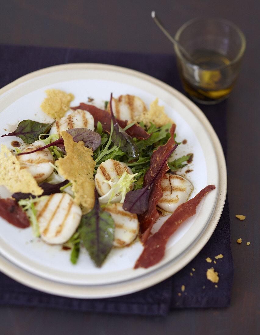 Grilled scallops, Parma ham and parmesan tuiles