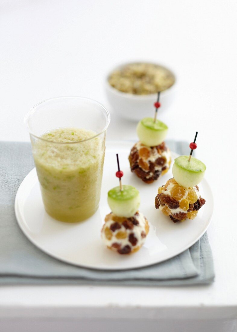 Green apple and Champagne soup ,Fromage frais,raisin and apple bites