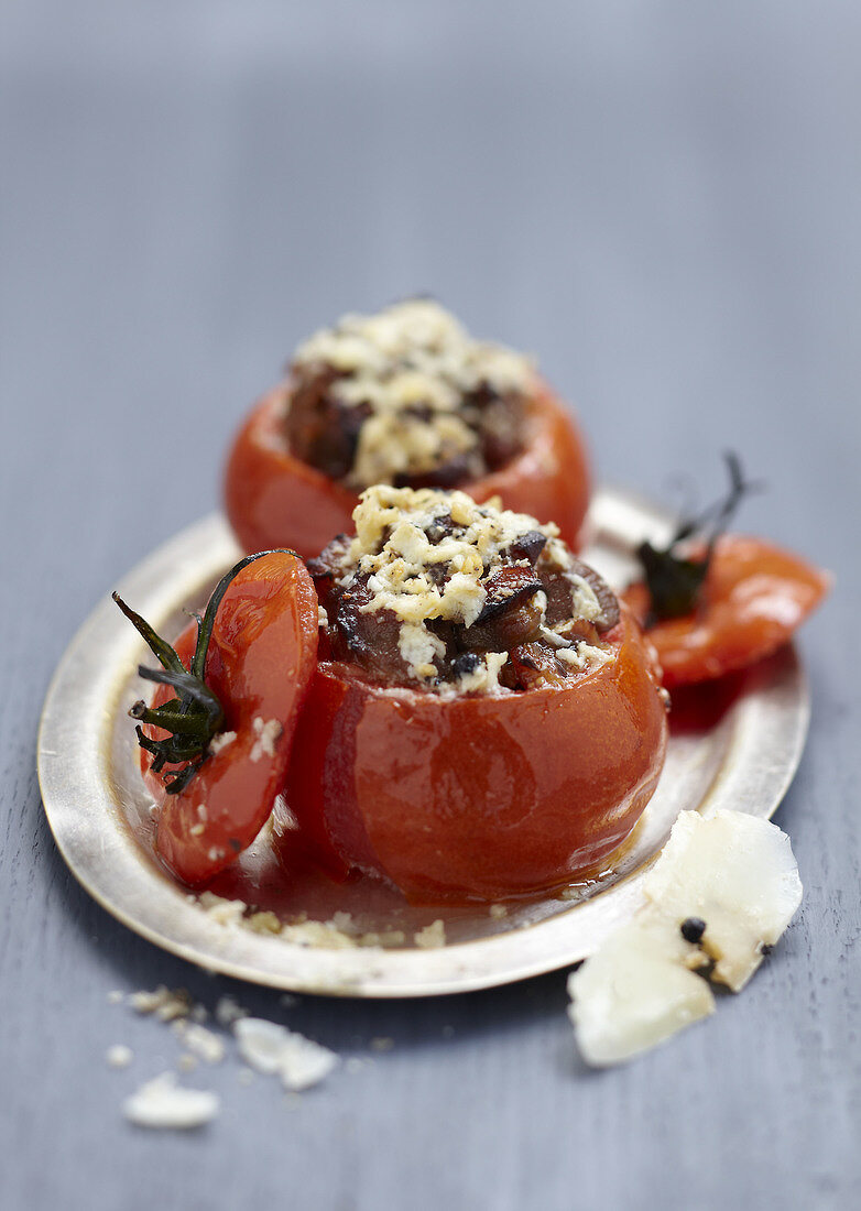 Tomatoes stuffed with confit lamb and Pecorino Romano