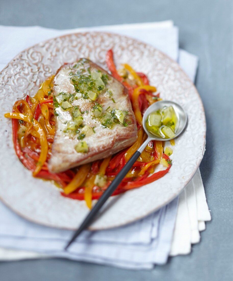 Tuna with lemon-cilantro sauce and Piperade