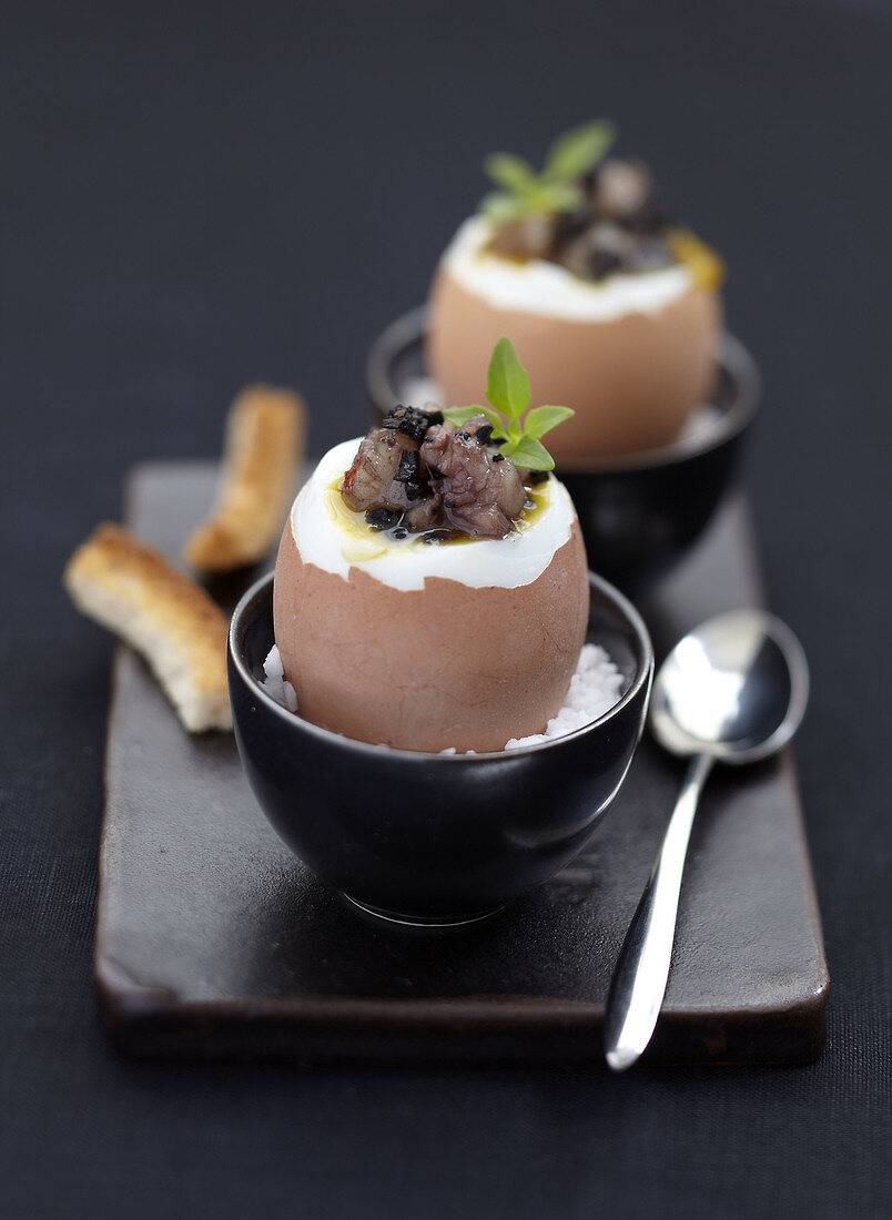 Soft-boiled eggs with Dublin Bay prawns and truffles