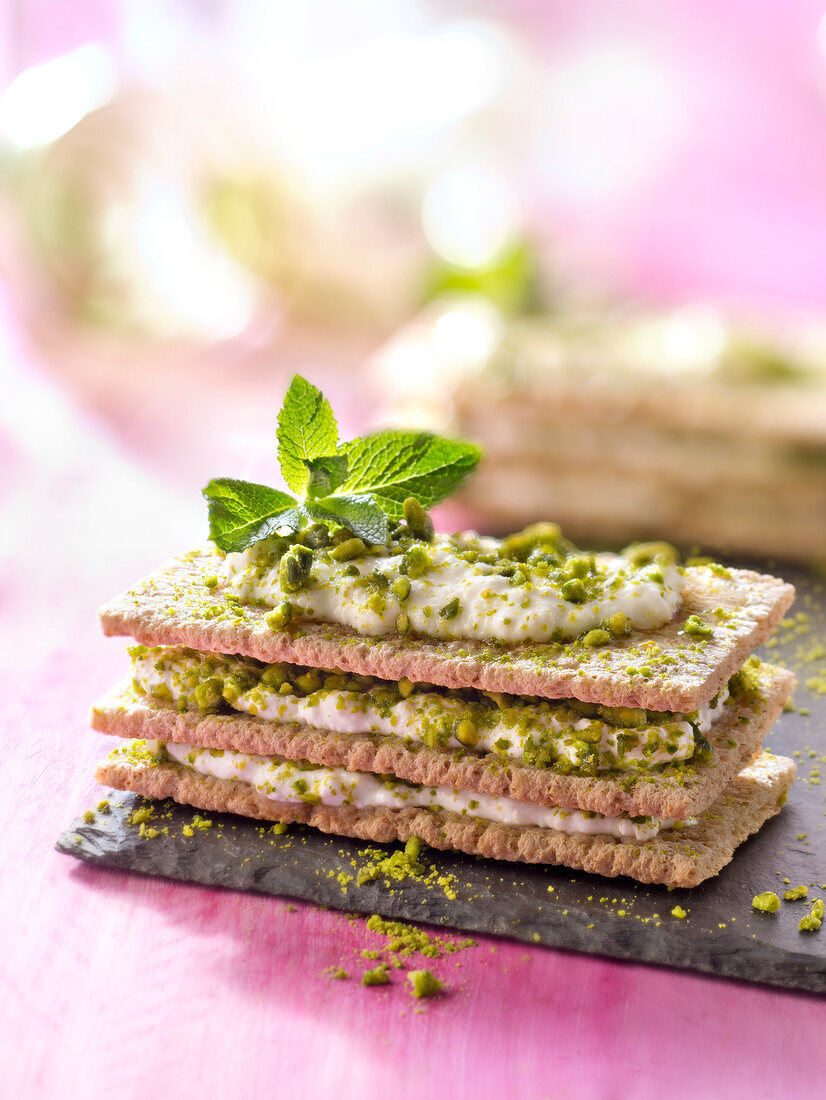 Cracottes, faisselle,honey and pistachio Mille-feuille