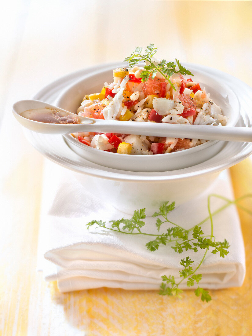 Cod, grapefruit, sweetcorn and red pepper salad