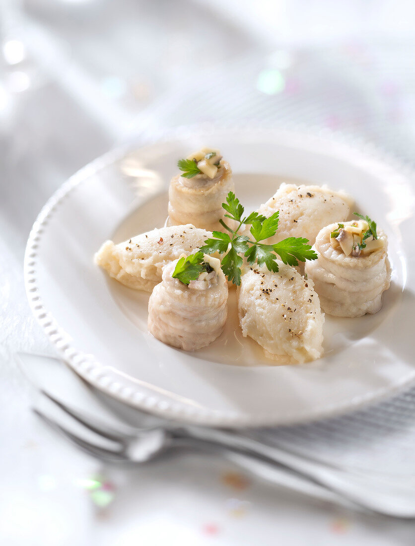 Rolled sole fillets with mushrooms and pureed celeriac