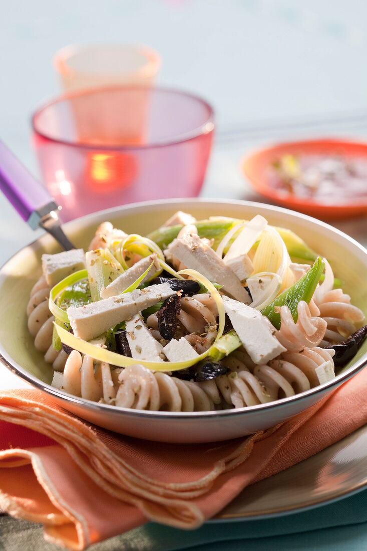 Brown pasta,feta,black olive and green pepper and leek salad