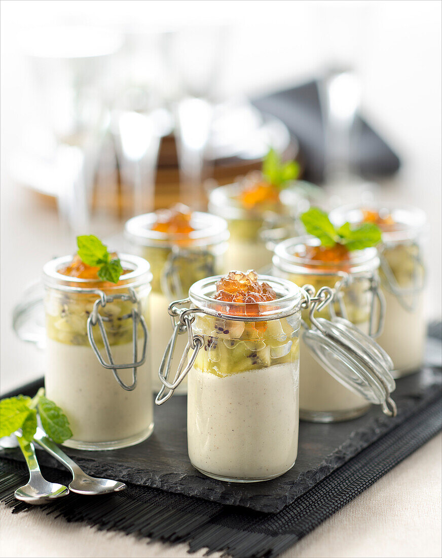 Vanilla panna cotta,stewed kiwi and maple syrup granita