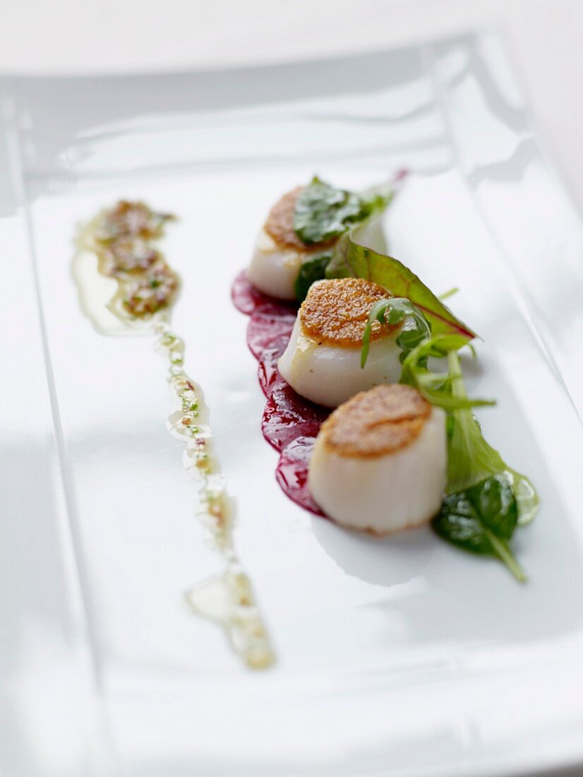 Crisp scallops on a bed of beetroot carpaccio,hazelnut oil and herbs