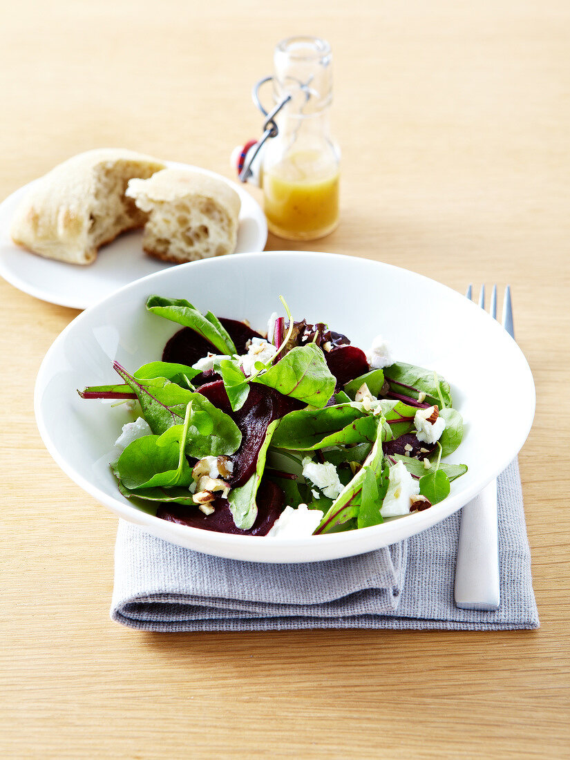 Beetroot sprout,beetroot,goat's cheese and crushed hazelnut salad