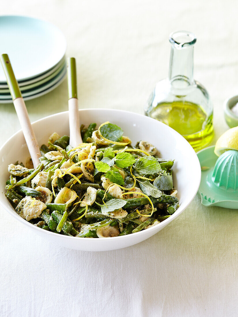 Orecchiette,green asparagus,mint and green bean salad with lemon zests