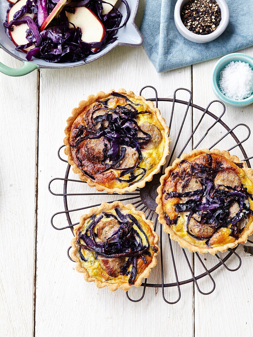 Red cabbage,apple and white sausage mini quiches