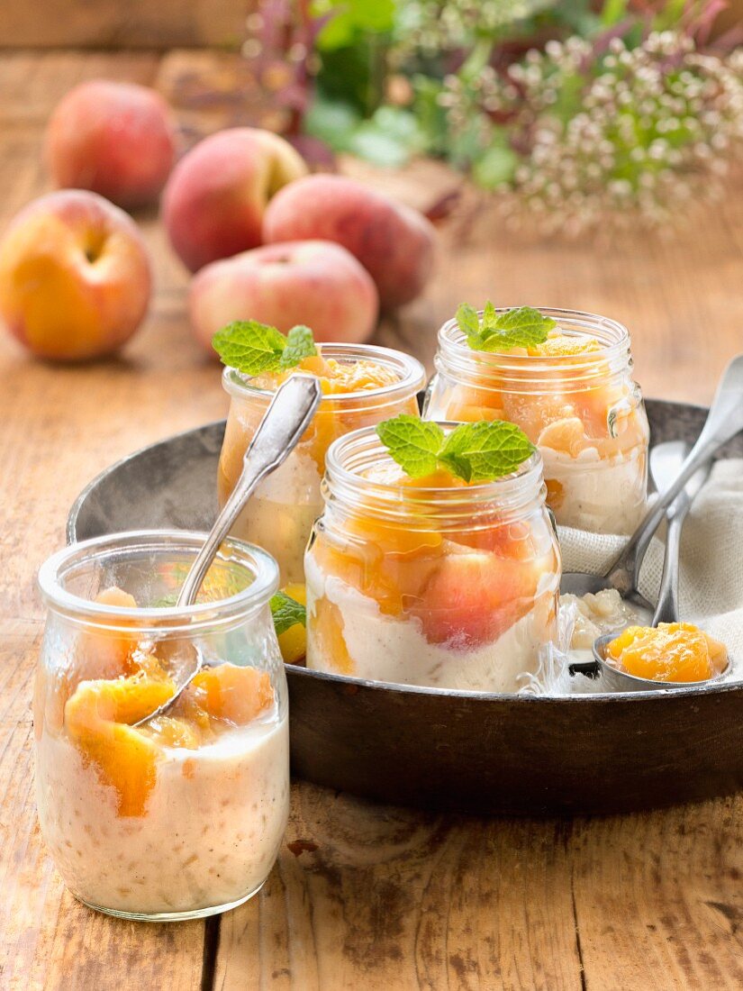 Rice pudding with stewed peaches