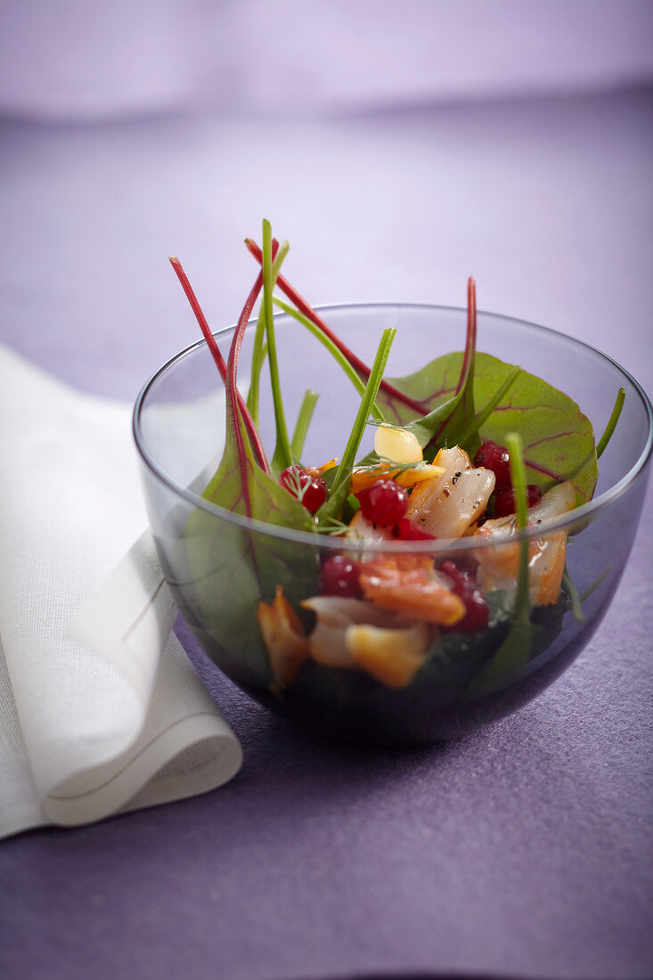 Schellfischsalat mit roten Johannisbeeren und jungen Rote-Bete-Blättern