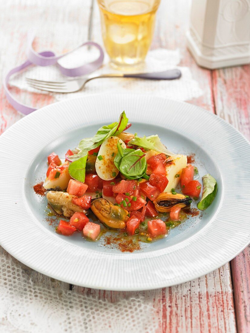 Kartoffelsalat mit Tomaten und Miesmuscheln