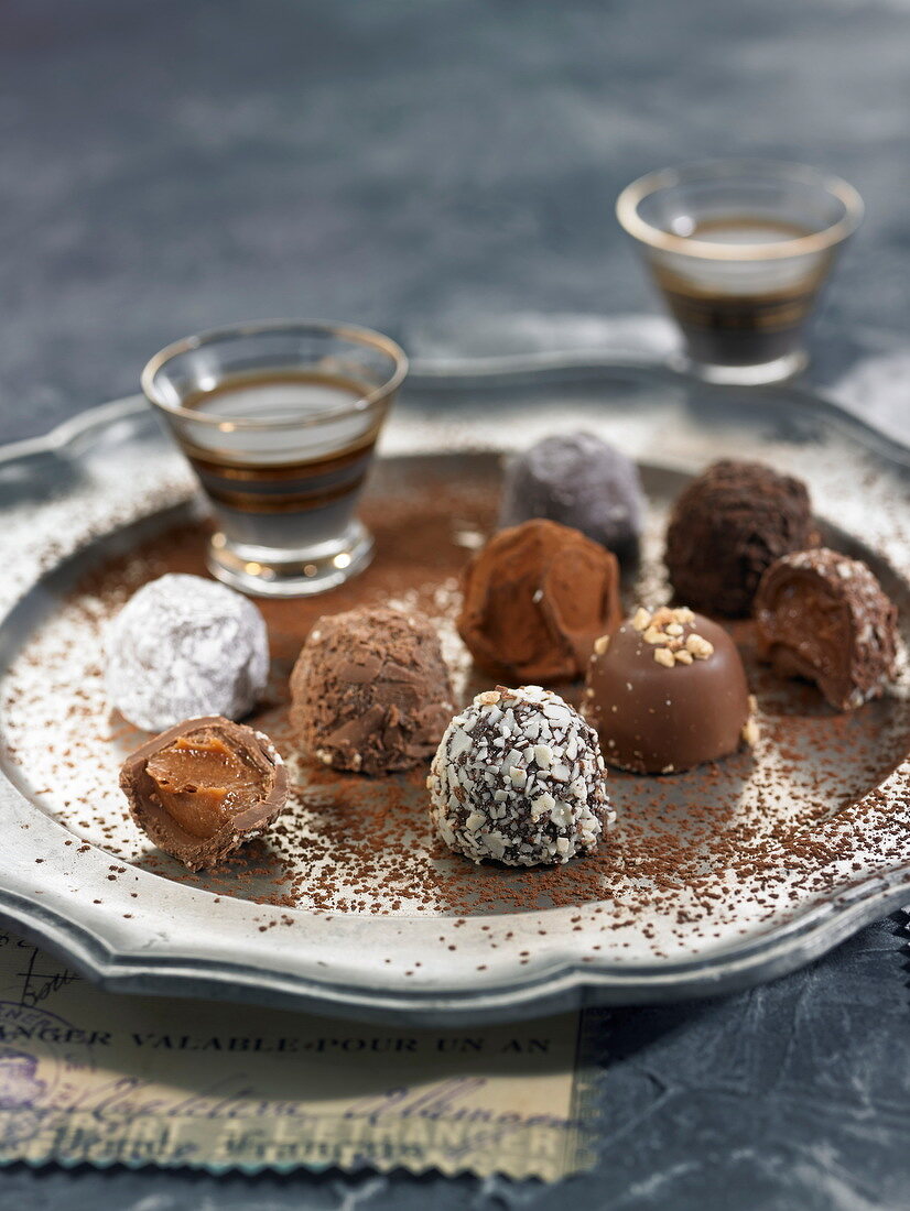 Tray of different flavored chocolate truffles