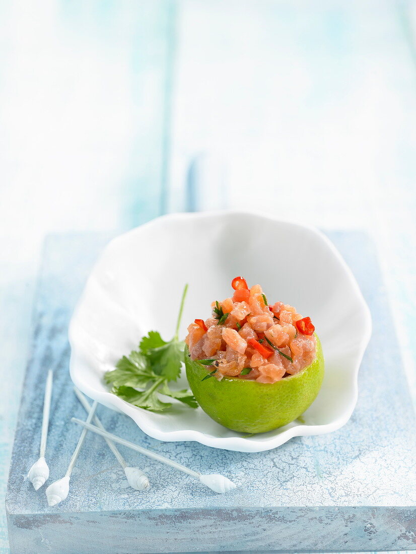 Salmon Ceviche served in a lime skin
