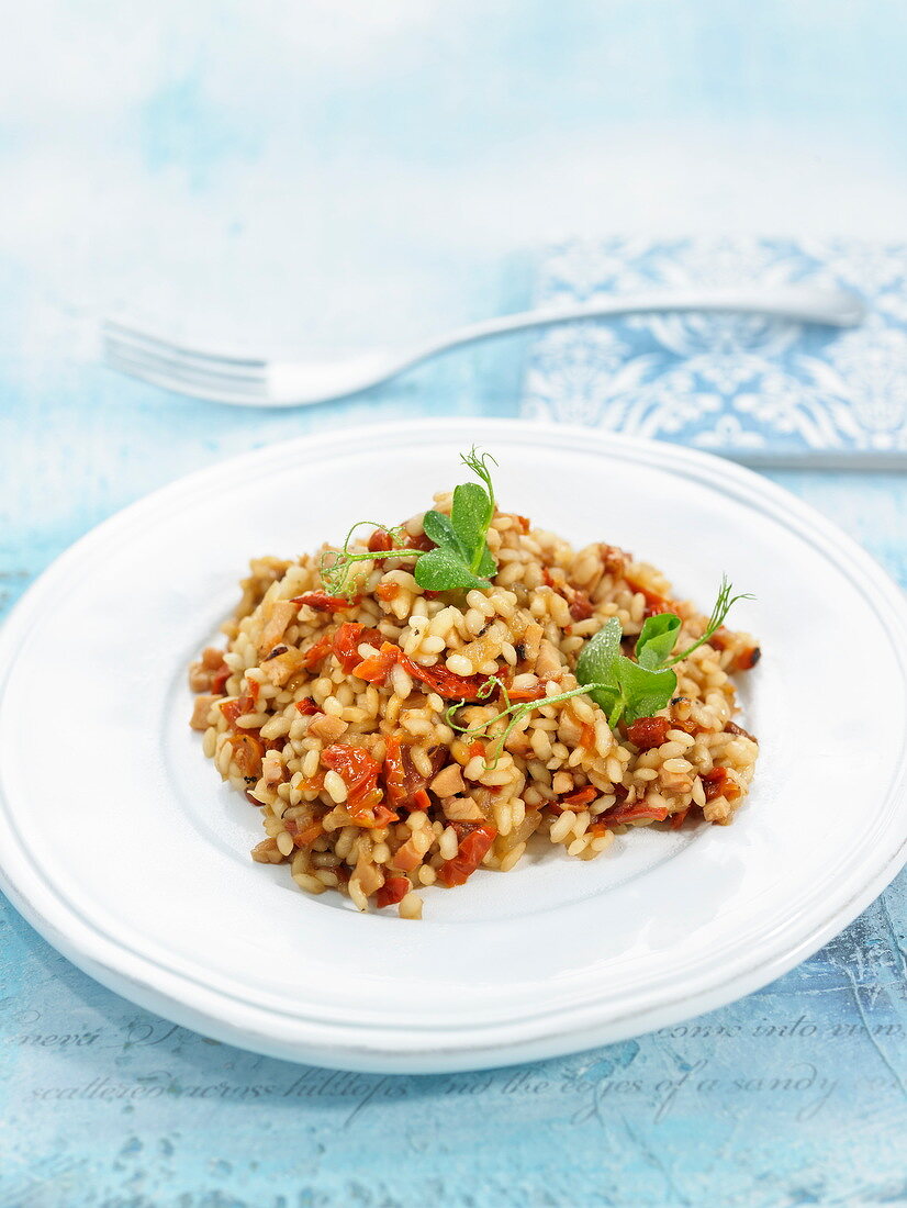 Reis mit geräuchertem Hähnchen, getrockneten Tomaten und Hühnerbrühe