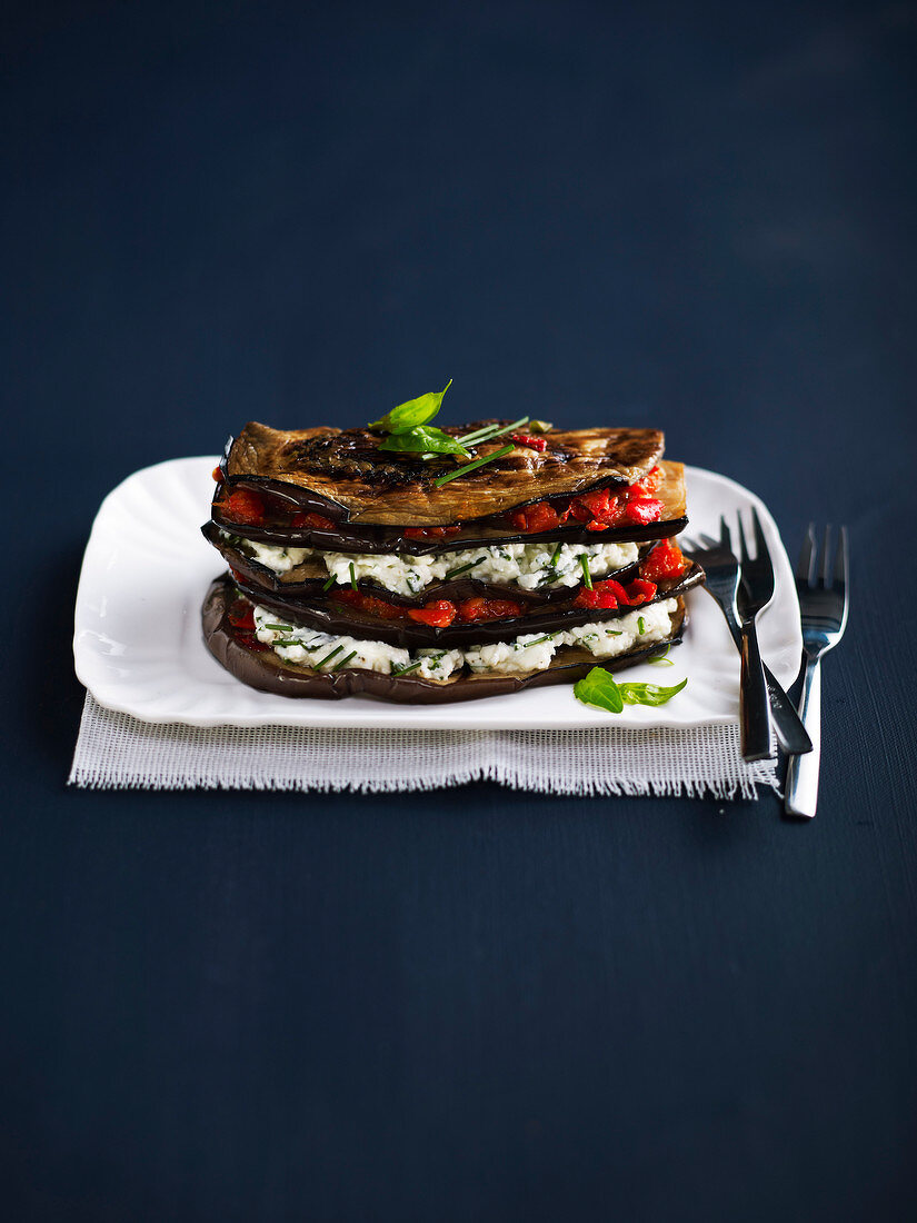 Layered grilled vegetables and chive cream cheese