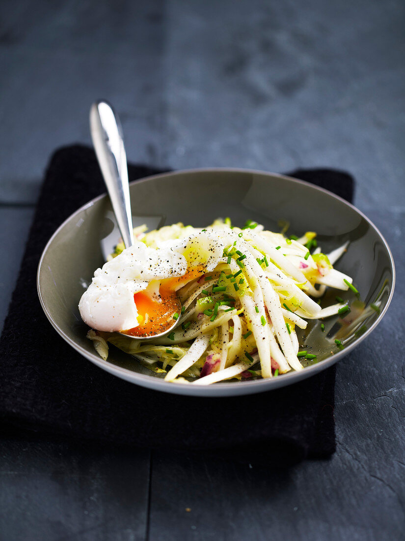 Chicory and celery salad with a soft-boiled egg
