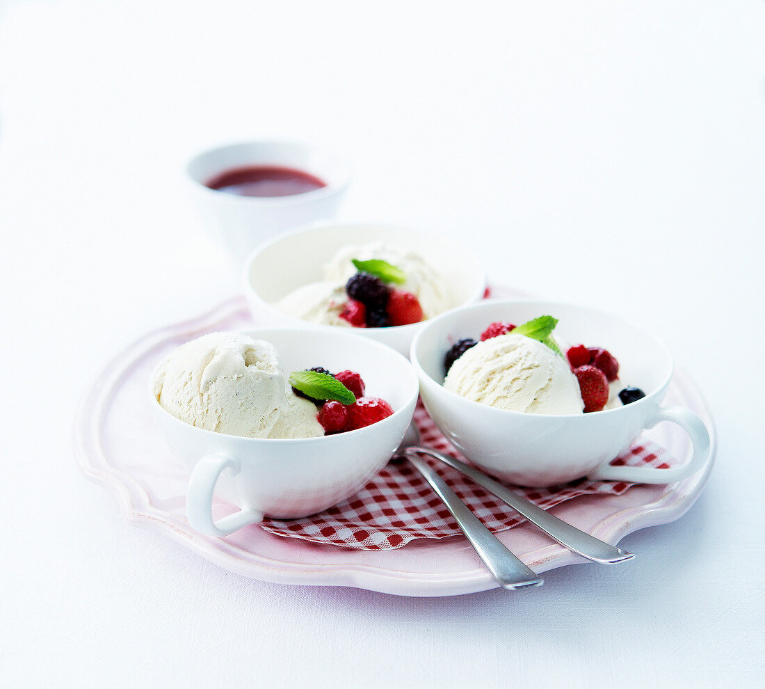 Vanilla-flavored almond milk ice cream with fresh summer fruit