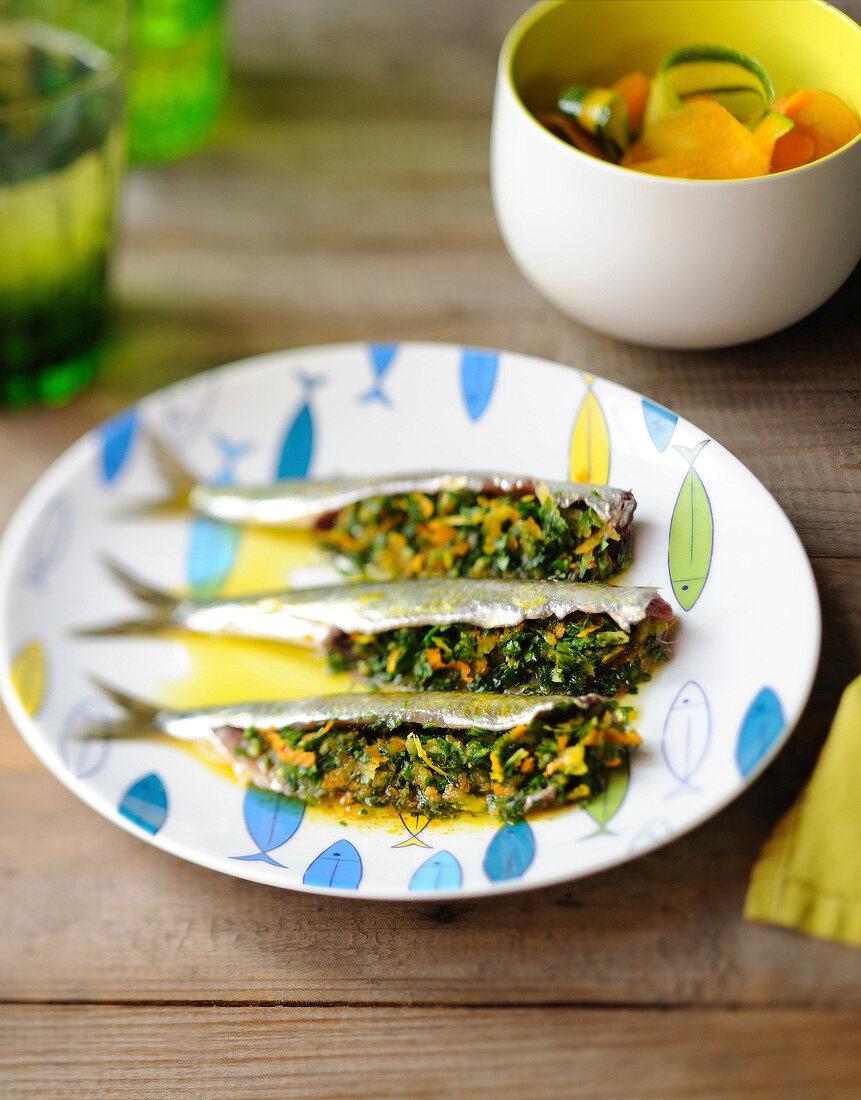 Sardines stuffed with fresh herbs