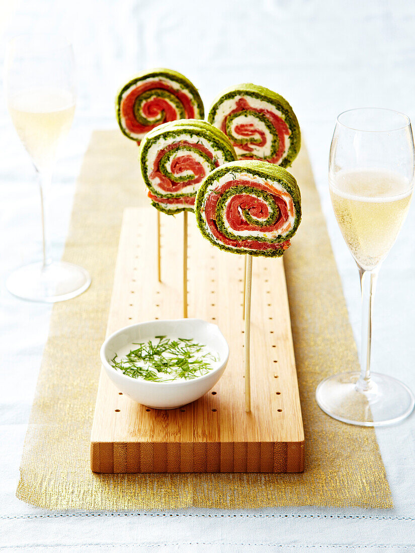 Lollipop-style pesto,cream cheese and smoked trout appetizers