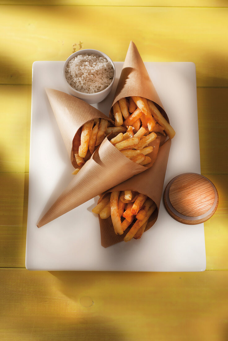 Homemade french fries in paper cones