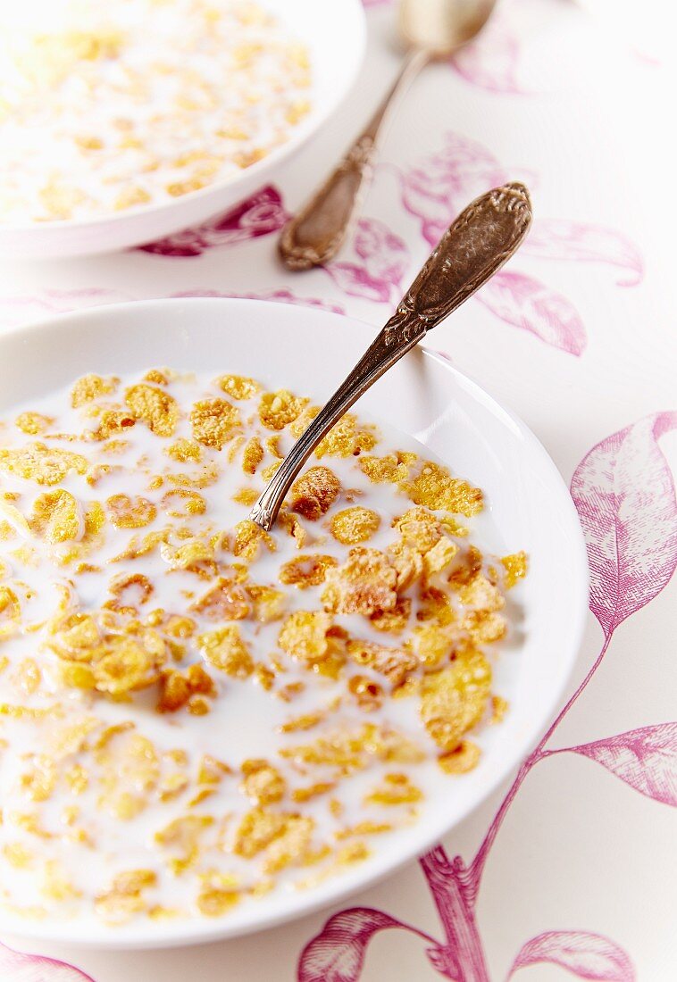 Zwei Schüsseln mit Cornflakes und Milch