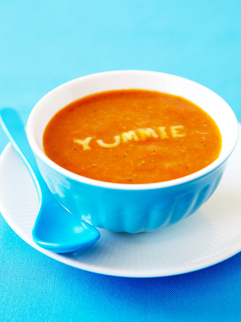 Cream of pumpkin soup with alphabet pasta