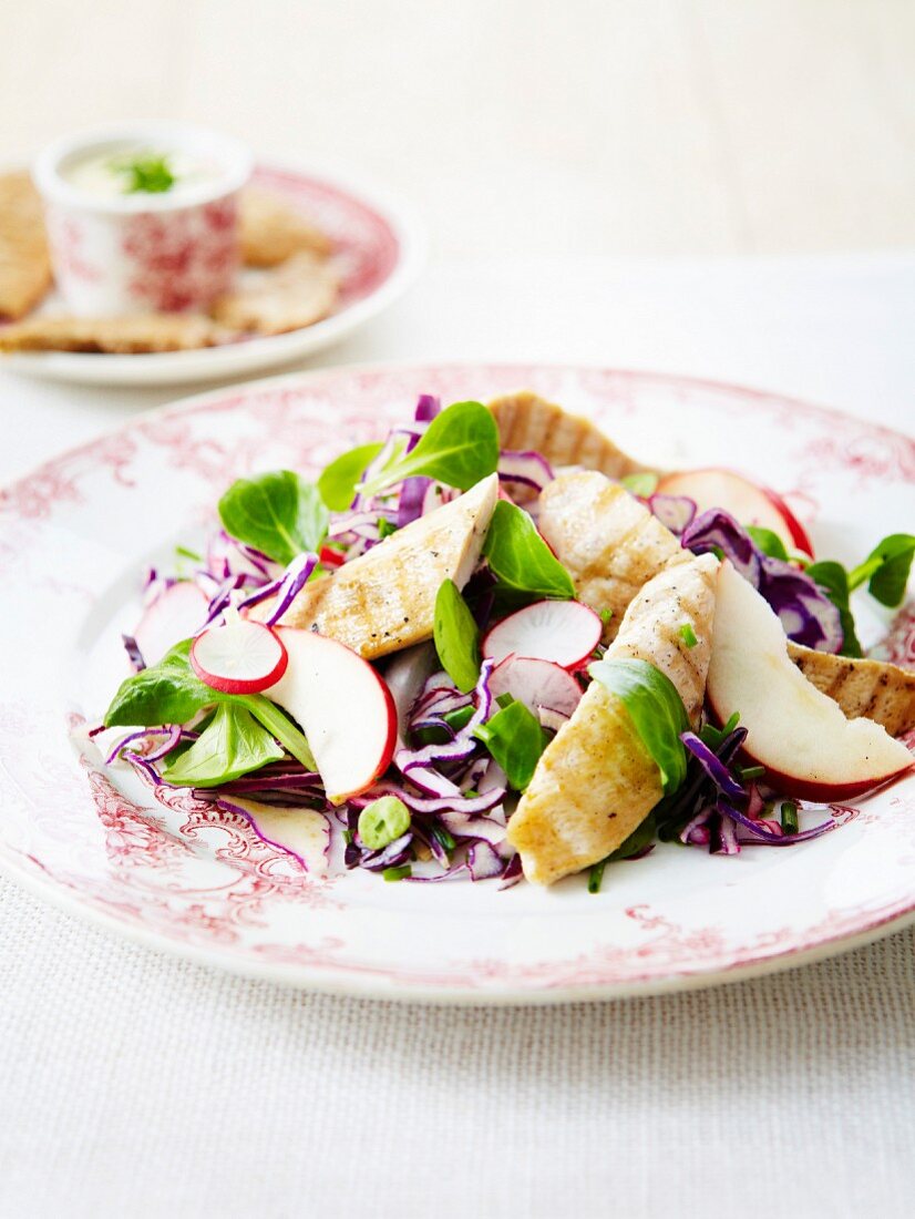 Griled chicken,vegetable and raw fruit salad