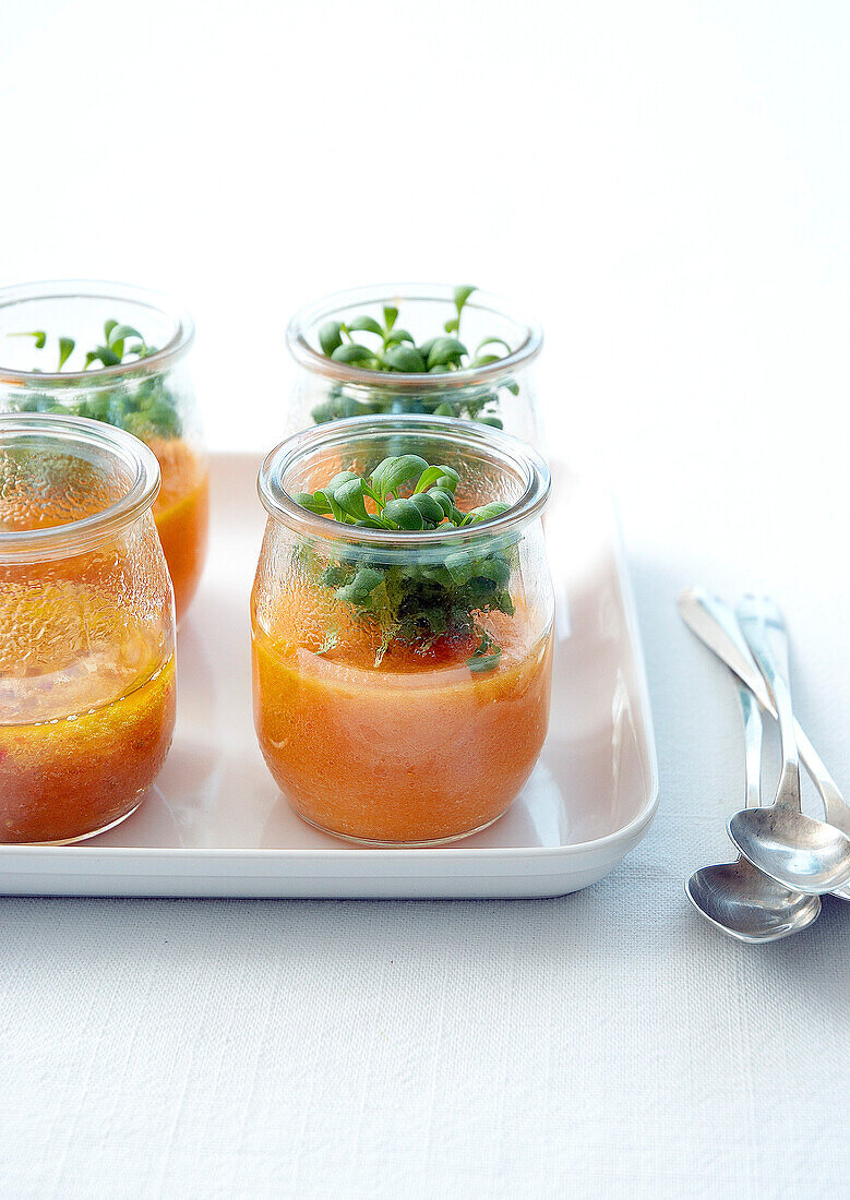 Carrot gazpacho with daikon watercress