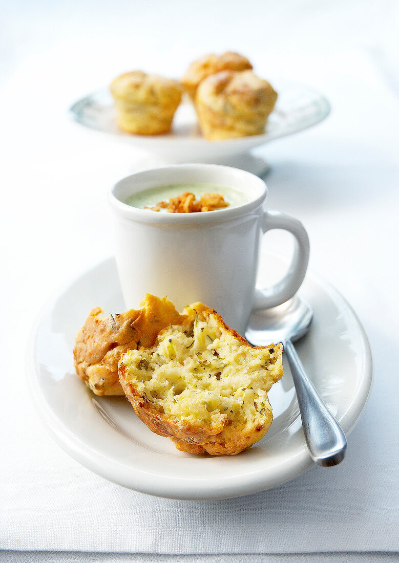 Herb muffins with cream of zucchini soup
