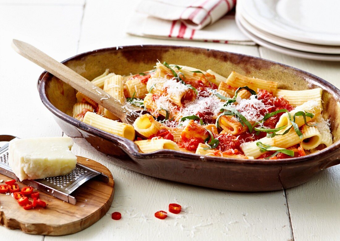 Tubettipasta with red hot peppers and parmesan