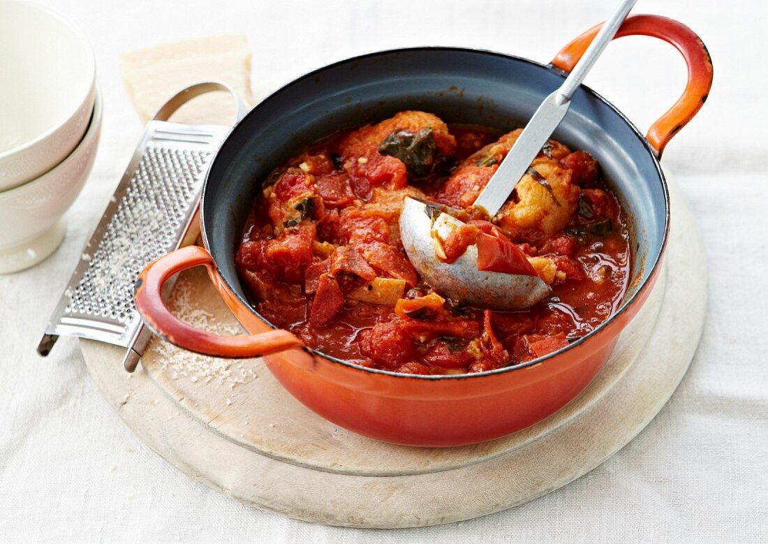 Chicken and tomato simmered in a casserole