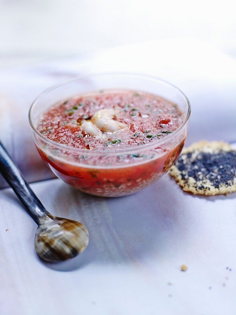 Tomato,quinoa and shrimp soup, Grana padano and poppyseed tuiles