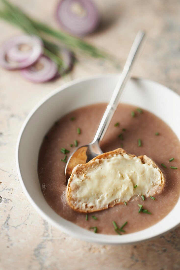 Red onion and apple soup, Camembert spread on sliced bread