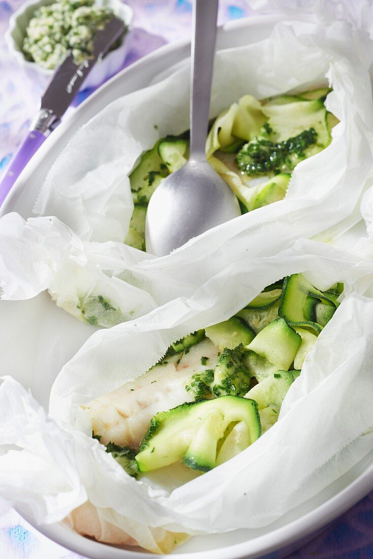 Whiting fillets cooked in wax paper, dill and chive butter