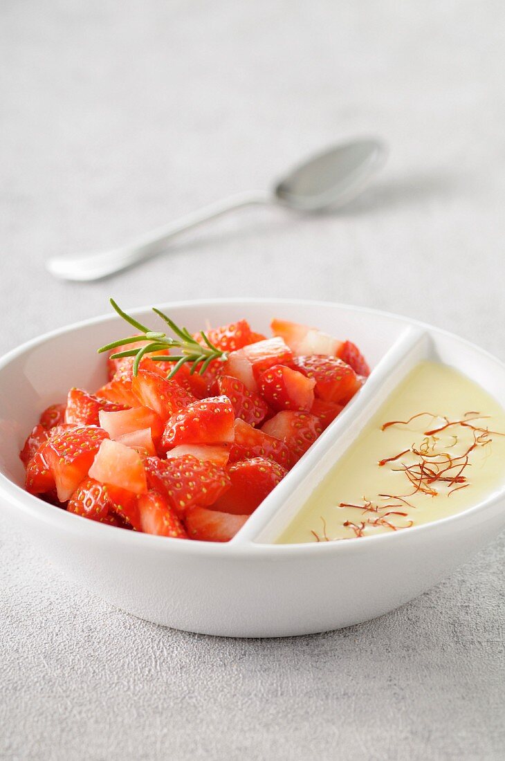 Diced strawberries with light saffron cream