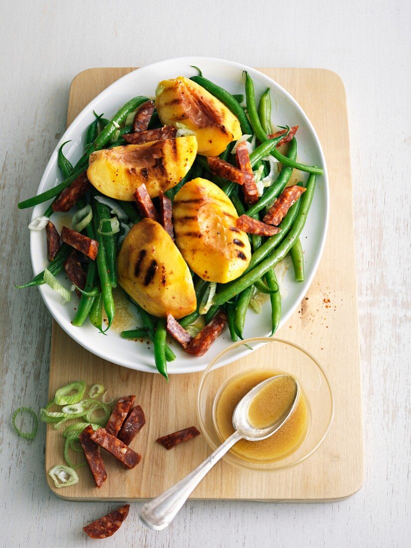 Green bean, chorizo and grilled peach salad