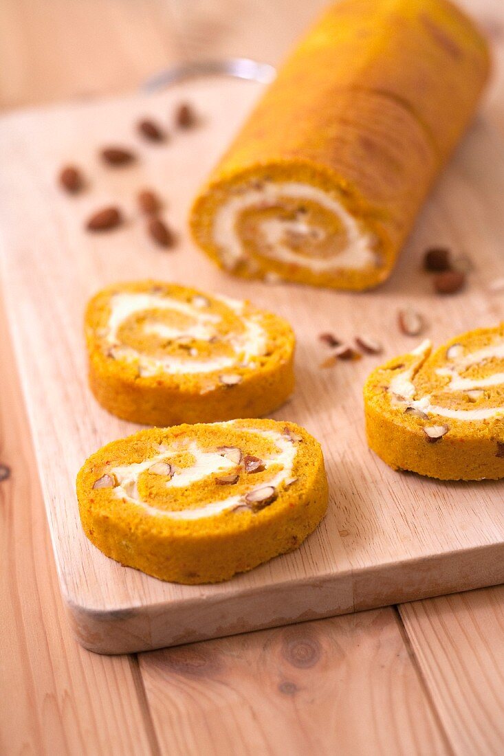 Pumpkin,lemon curd and hazelnut rolled log cake