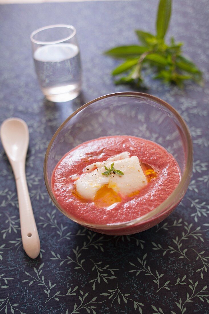 Beetroot soup with goat cheese and poached egg