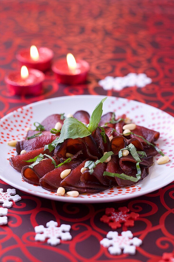 Beetroot Carpaccio with basil and pine nuts