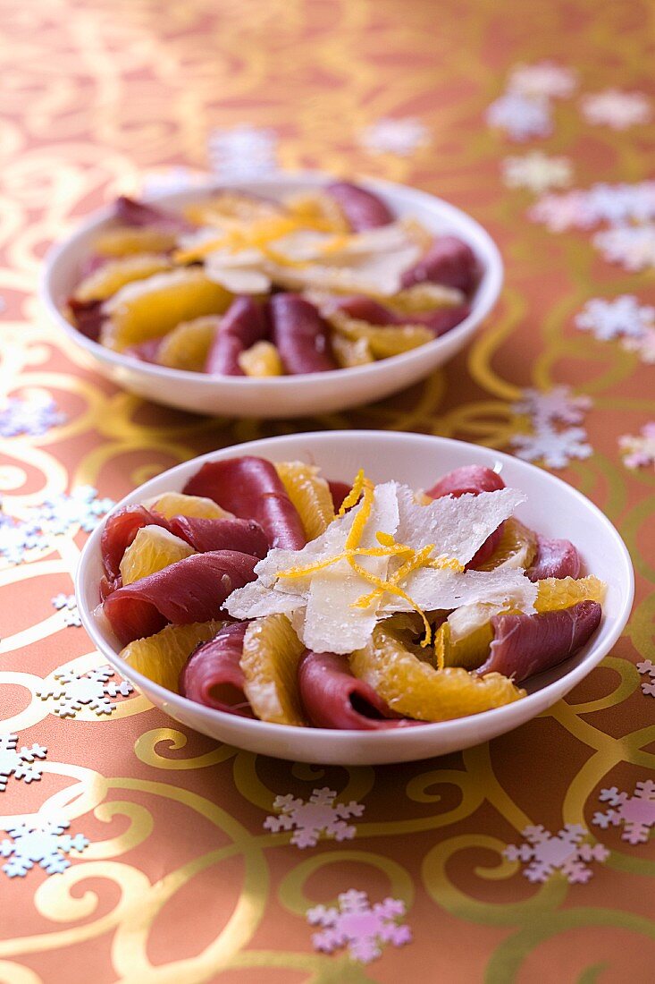 Entenbrust-Carpaccio mit Orange und Parmesan