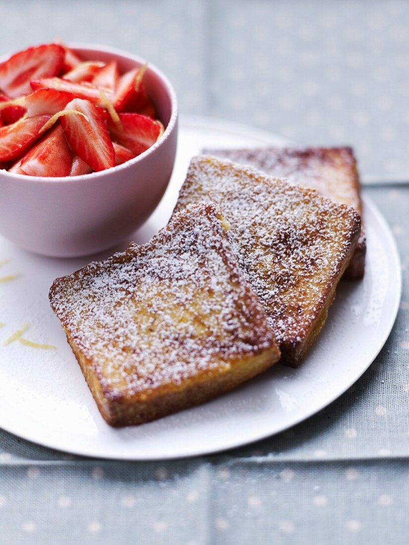 French toast with strawberry fruit salad with lemon zests