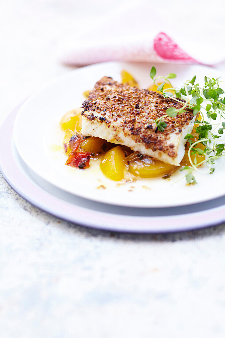 Fish in sesame crust with candied apricots